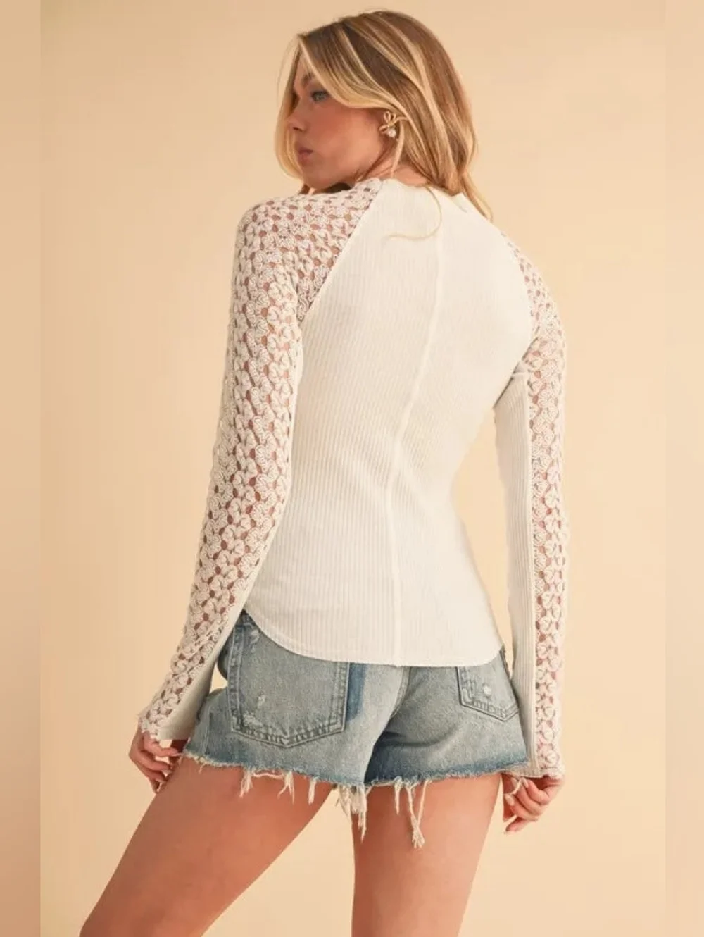 Free People Clemente Top Mock Neck Lace Long Sleeve M Cream